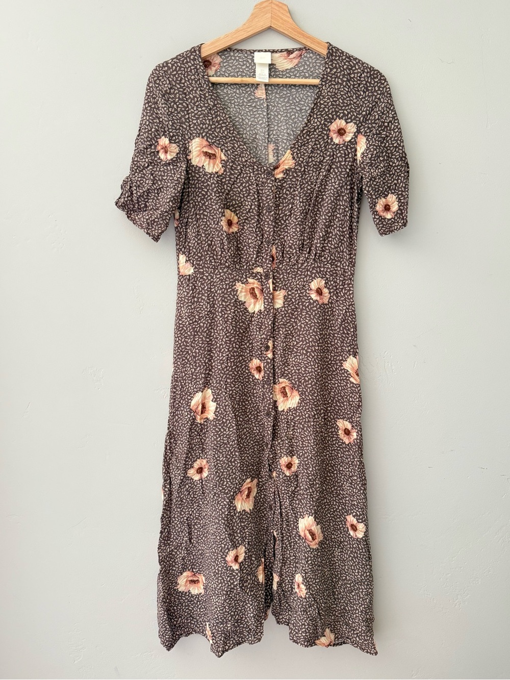 H&M Brown Floral V‑Neck Button Midi Dress